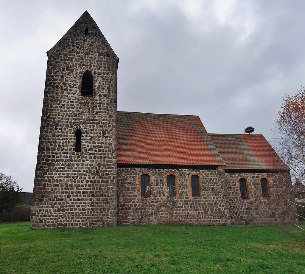 Southern view of the church in Bergsdorf , Zehdenick municipality , Oberhavel district, Brandenburg state, Germany.