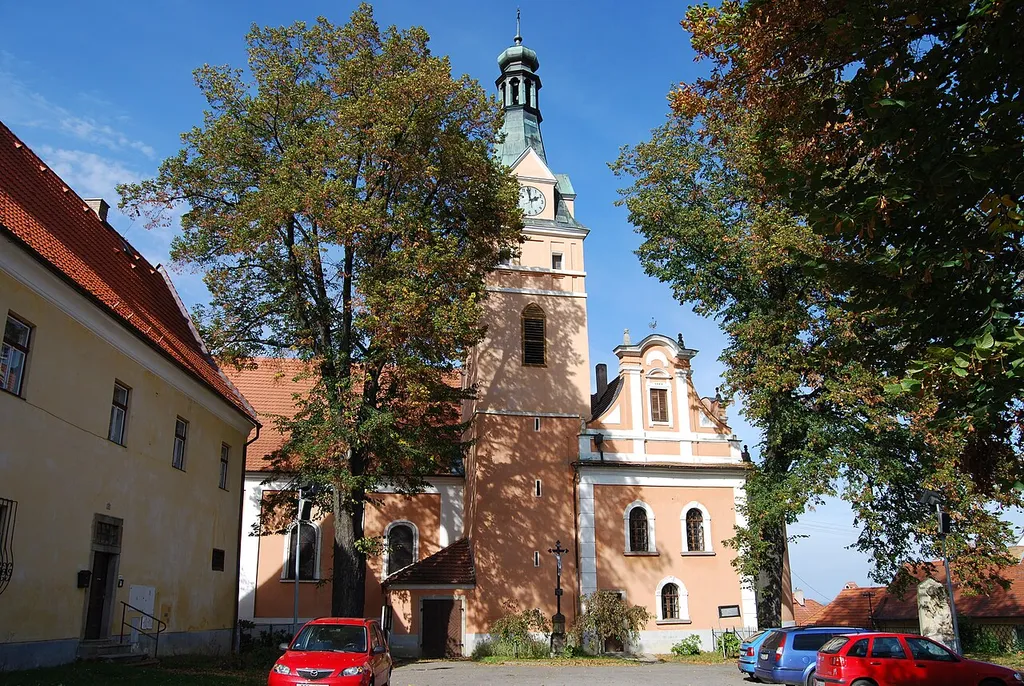 Lhenice town in Prachatice District, Czech Republic. Church of Saint James