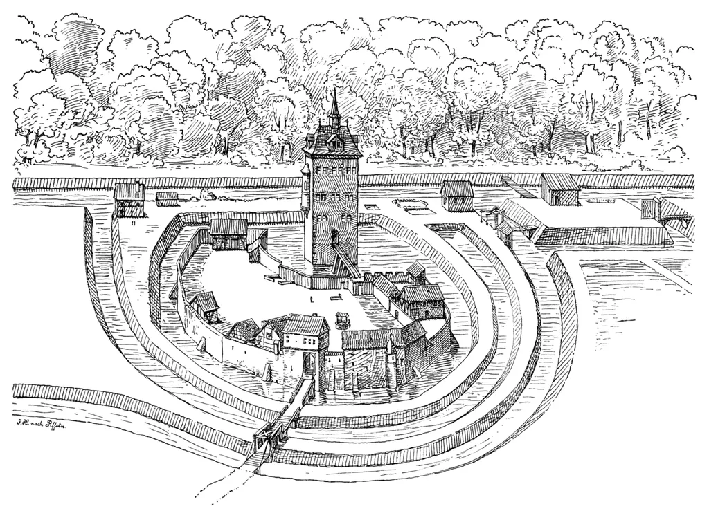 Drawing by Julius Hülsen from 1914 according to an original by Carl Theodor Reiffenstein which shows the complex in a fictious state before its destruction in 1552. For this purpose Reiffenstein probably made use of an historical plan dated around 1575.