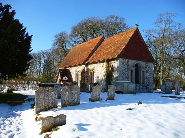 St Michael's parish church, Quarley, Hampshire, seen from the southeast in snow