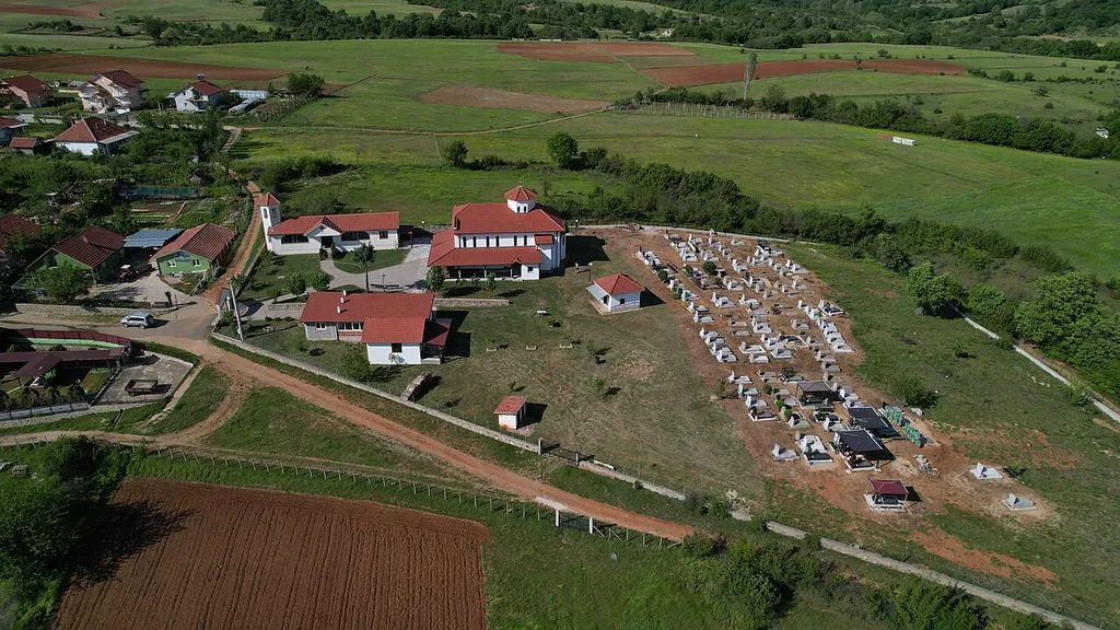 An aerial view of Dormition of the Theotokos Church in the village of Samoilovo