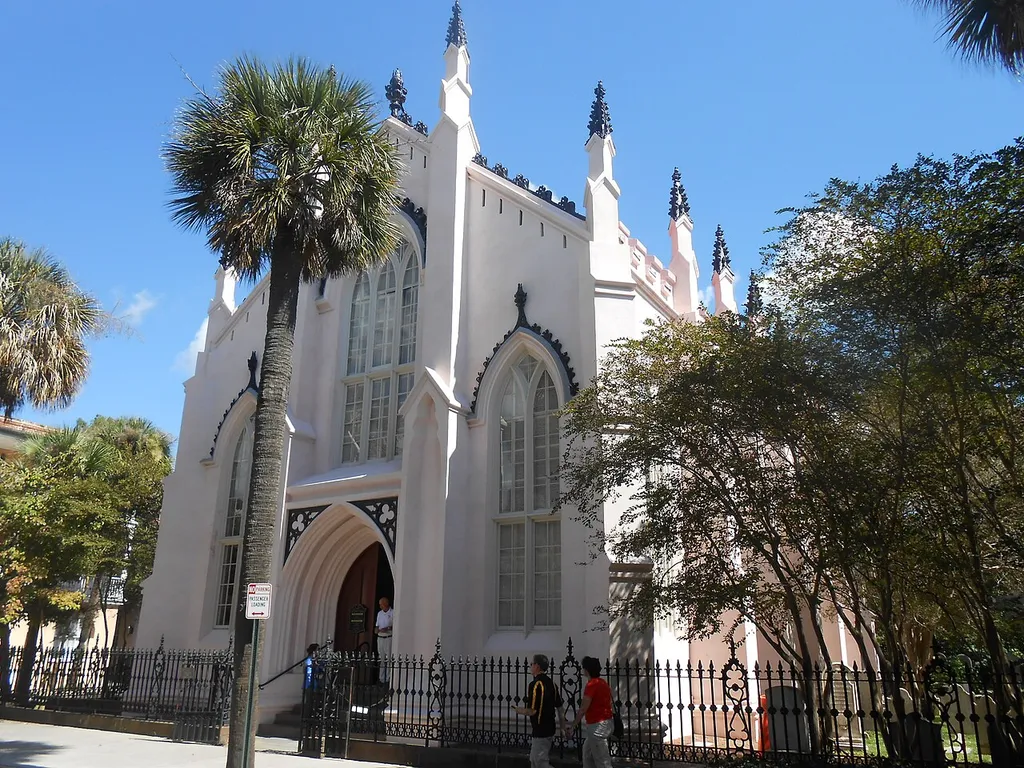 The French Huguenot Church at 136 Church St., Charleston, South Carolina is the city's first Gothic Revival church.