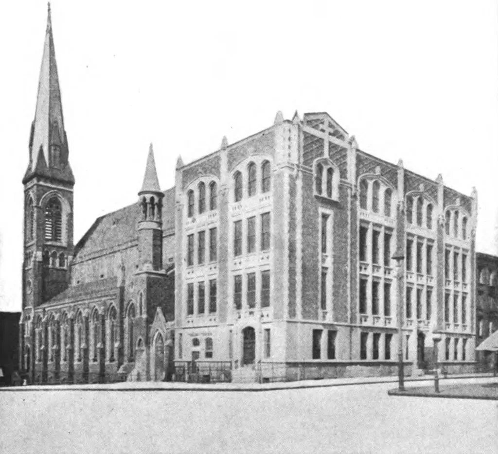 An image of Saint John the Evangelist Church taken from a 1914 publication entitled "The Catholic Church in the United States of America: Undertaken to Celebrate the Golden Jubilee of His Holiness, Pope Pius X, Volume 3." The image can be found on page 341.