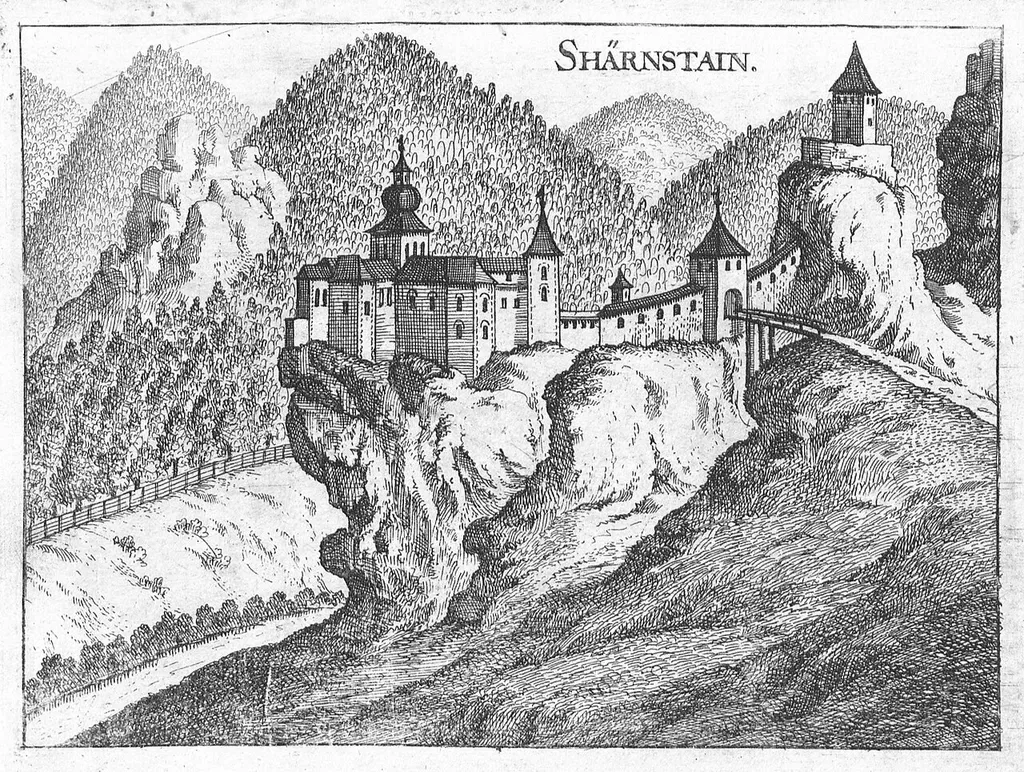 Engraving, view of Scharnstein castle, Upper Austria