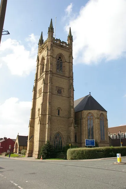 Church of England parish church of St Andrew, Chadwick Road, Eccles, Greater Manchester, viewed from the southeast, showing the chancel apse. The church was designed by H.E. Tijou and built 1877–89.
