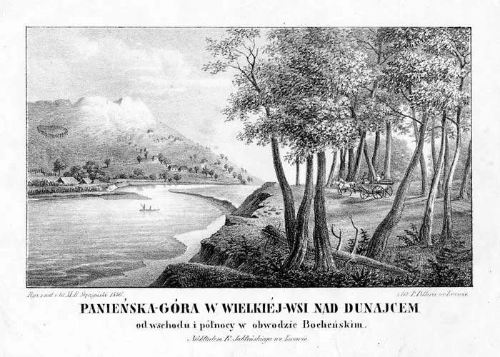 Rycina przedstawia zamek Trzewlin na Panieńskiej Górze w Wielkiej Wsi (koło Wojnicza) prawdopodobnie z XIV wieku, mury rozebrane w XVII w.