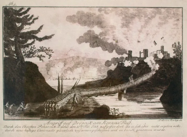 Attack on the castle of Dreznik (Dresnik) at the river Korana in Croatia, 1788. The castle was destroyed by cannon fire and taken by Oberst Peharnik after it refused to surrender.