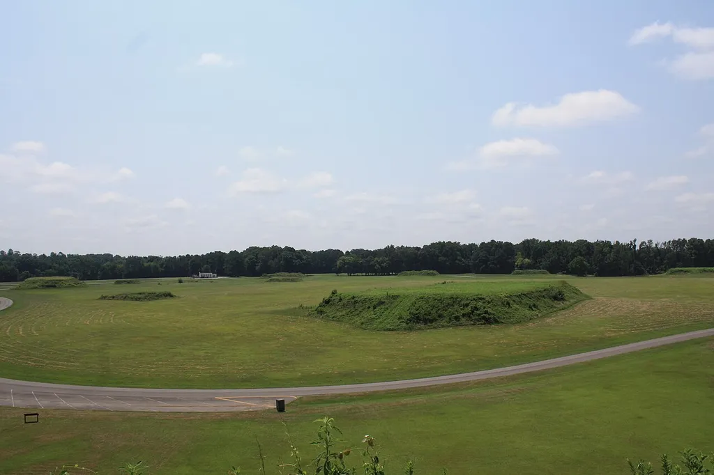 Partial view of the plaza and surrounding mounds, with Mound A in the foreground, from the top of Mound B at the Moundville Archaeological Park in Moundville, Hale County, Alabama, United States.
