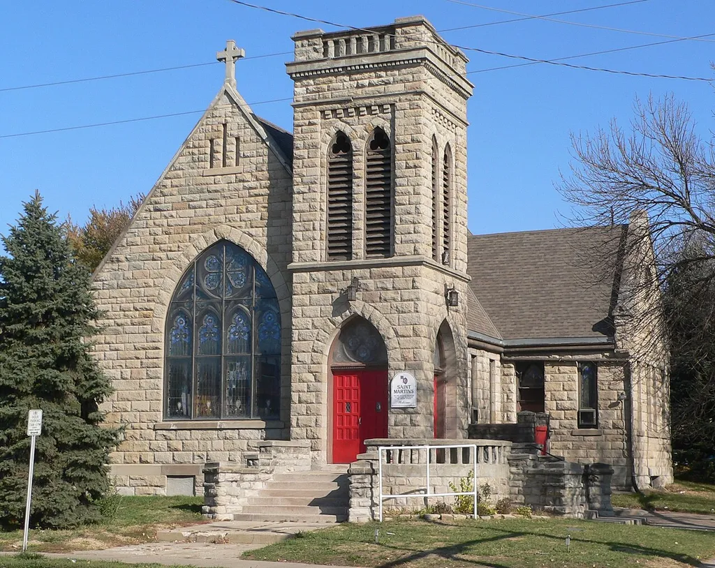 St. Martin of Tours Episcopal Church, located at northeast corner of 24th and J Streets in Omaha, Nebraska; seen from the southwest.