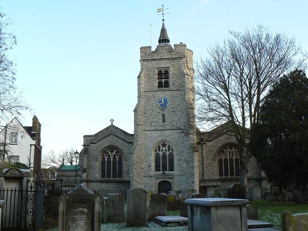 St Nicholas, Chiswick Parish Church, London W4, seen from Chiswick (Old) Churchyard. The tower is 15th century, the remainder being rebuilt between 1882 and 1884.