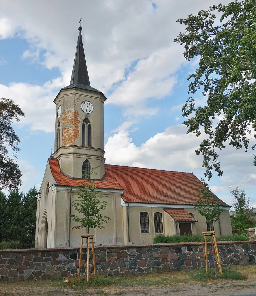 South-south-western view of the church in Krielow , Groß Kreutz (Havel) municipality , Potsdam-Mittelmark district, Brandenburg state, Germany.