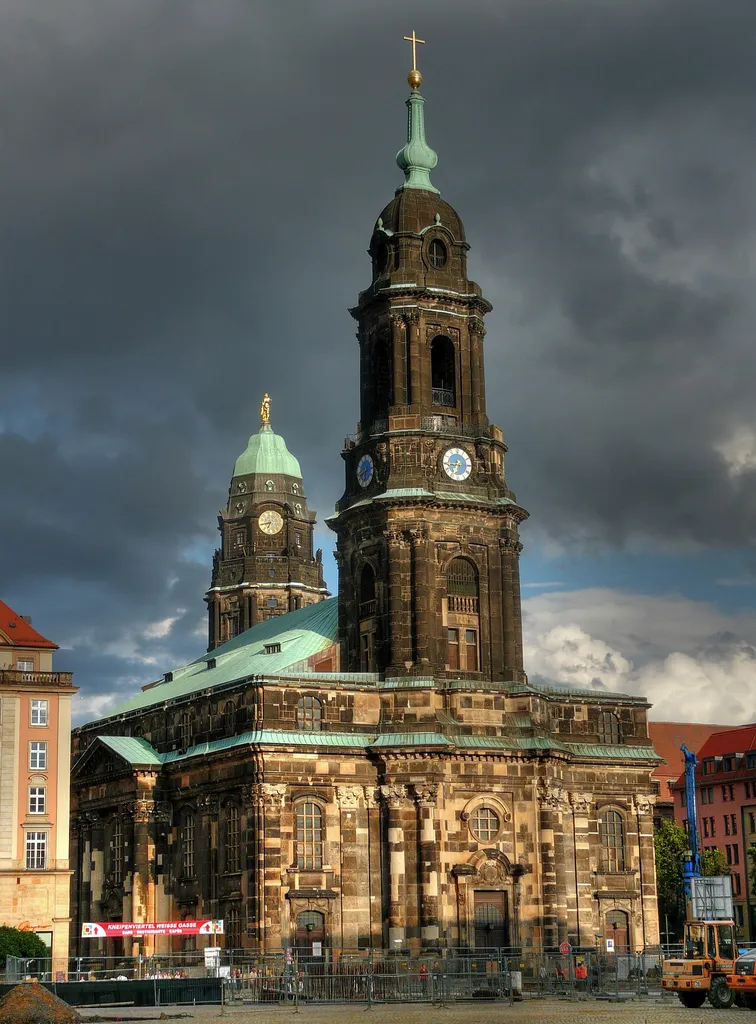 The en:Kreuzkirche in en:Dresden, HDR processing has been used.
