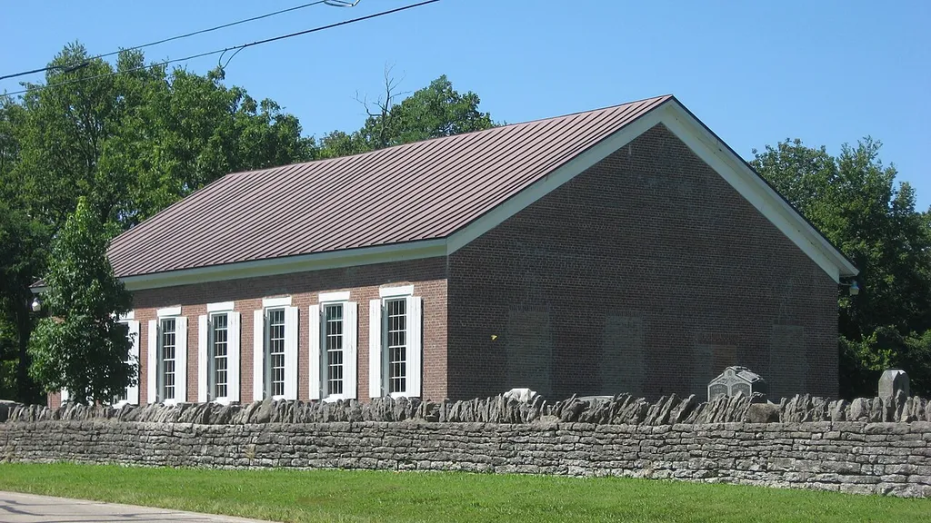 Northern and eastern sides of the former Hopewell Associate Reformed Presbyterian Church, located at 6471 Camden-College Corner Road in Israel Township, Preble County, Ohio, United States. Built in 1825, the church and its cemetery are listed together on the National Register of Historic Places.