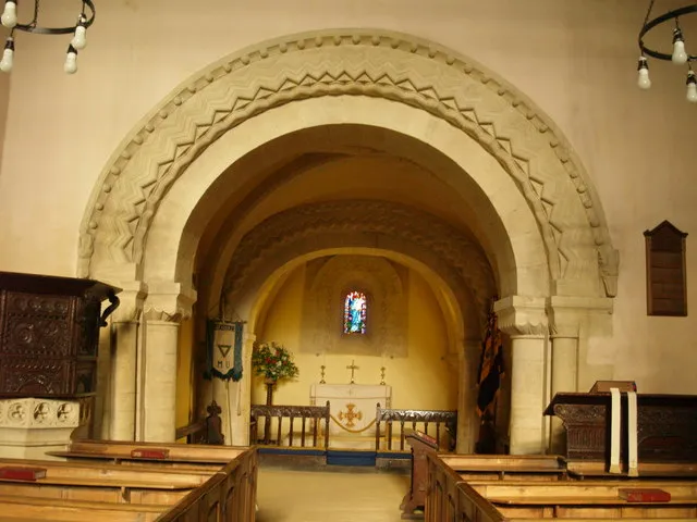 Church of England parish church of St John the Evangelist, Elkstone, Gloucestershire: chancel arch and chancel.
