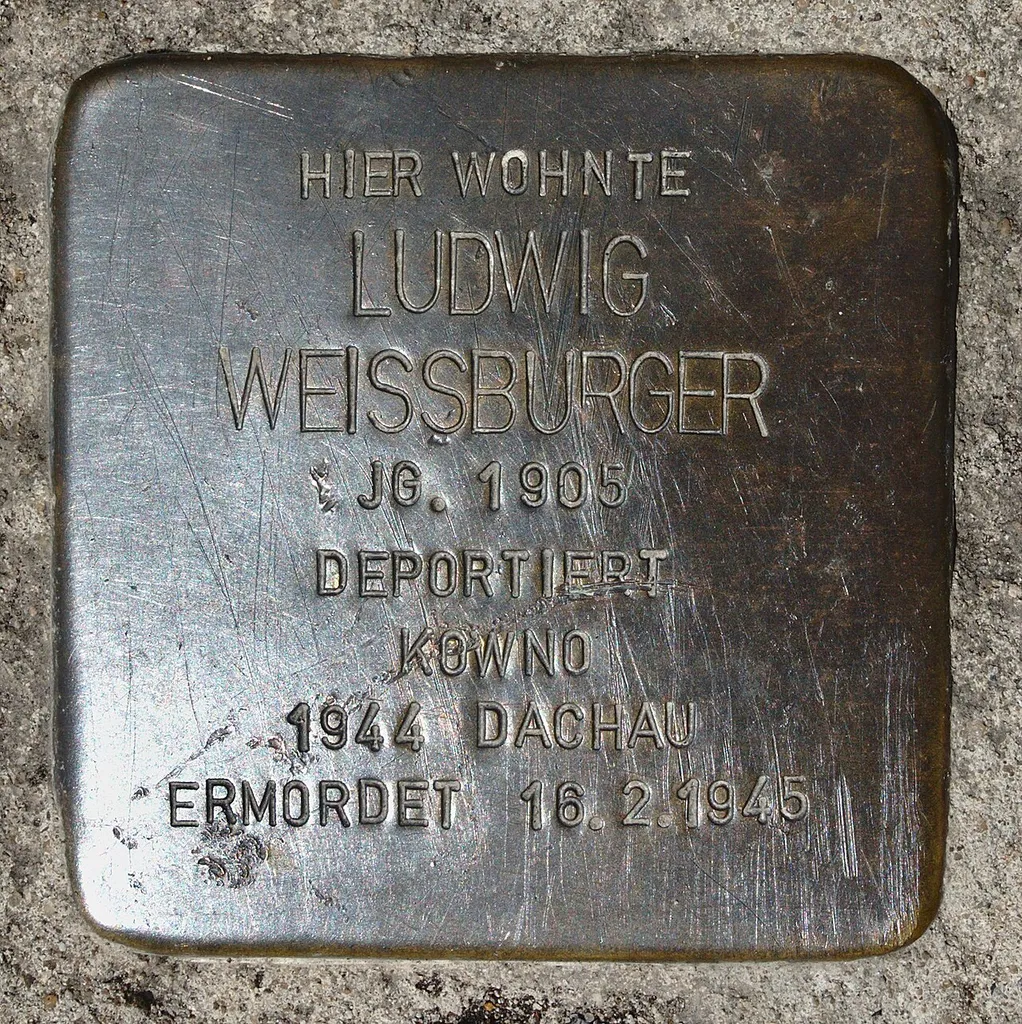 Stolperstein Stuttgart für Ludwig Weissburger, Lerchenstraße 28 Hier wohnte Ludwig Weissburger Jg. 1905 Deportiert Kowno 1944 Dachau Ermordet 16.2.1945