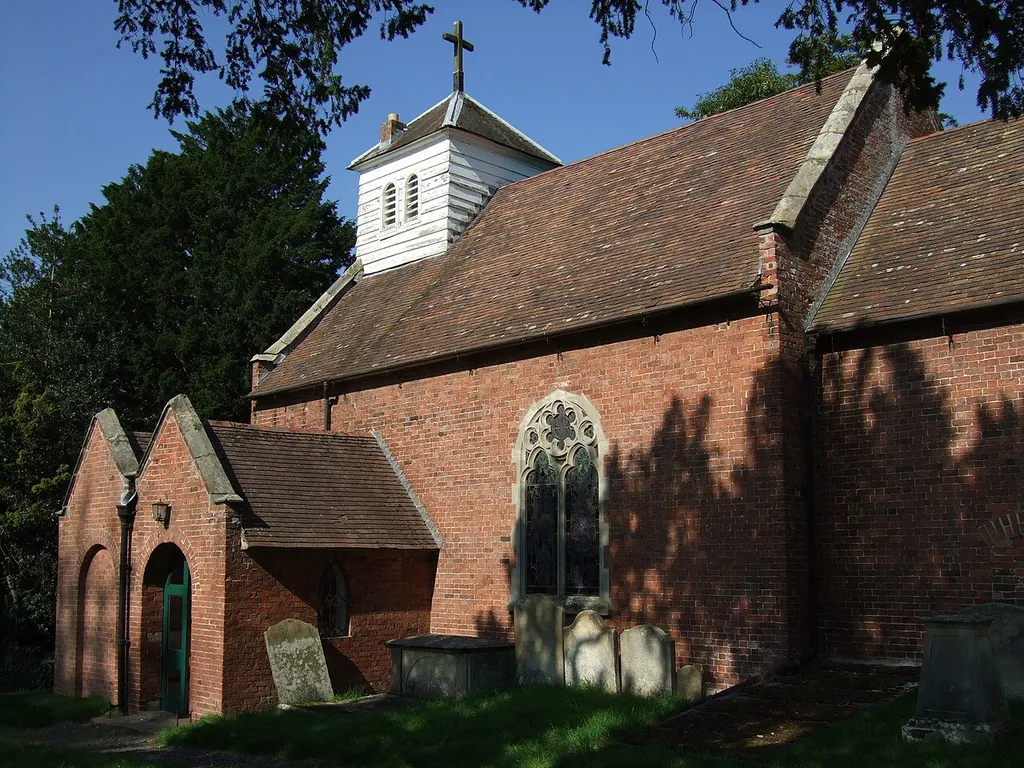Nave and south porch of St Mary's parish church, Leighton, Shropshire, seen from the southeast