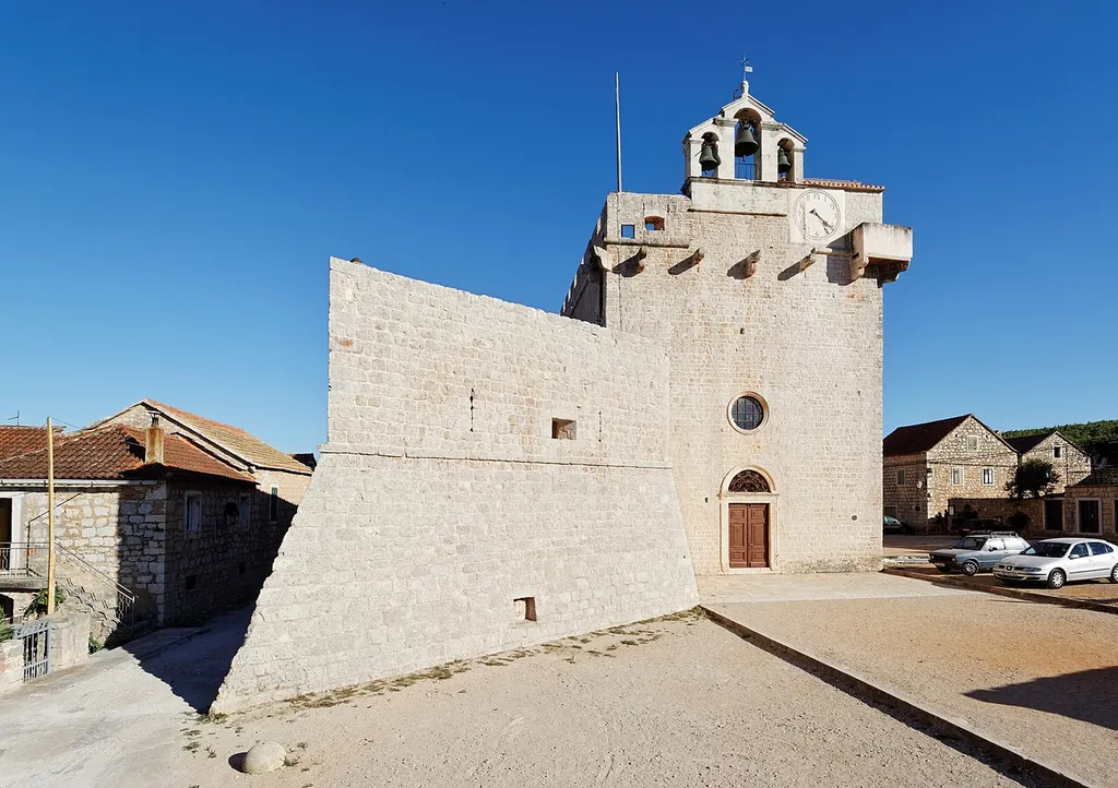 The fortress church of St. Mary of Mercy in Vrboska, Hvar island, Croatia.