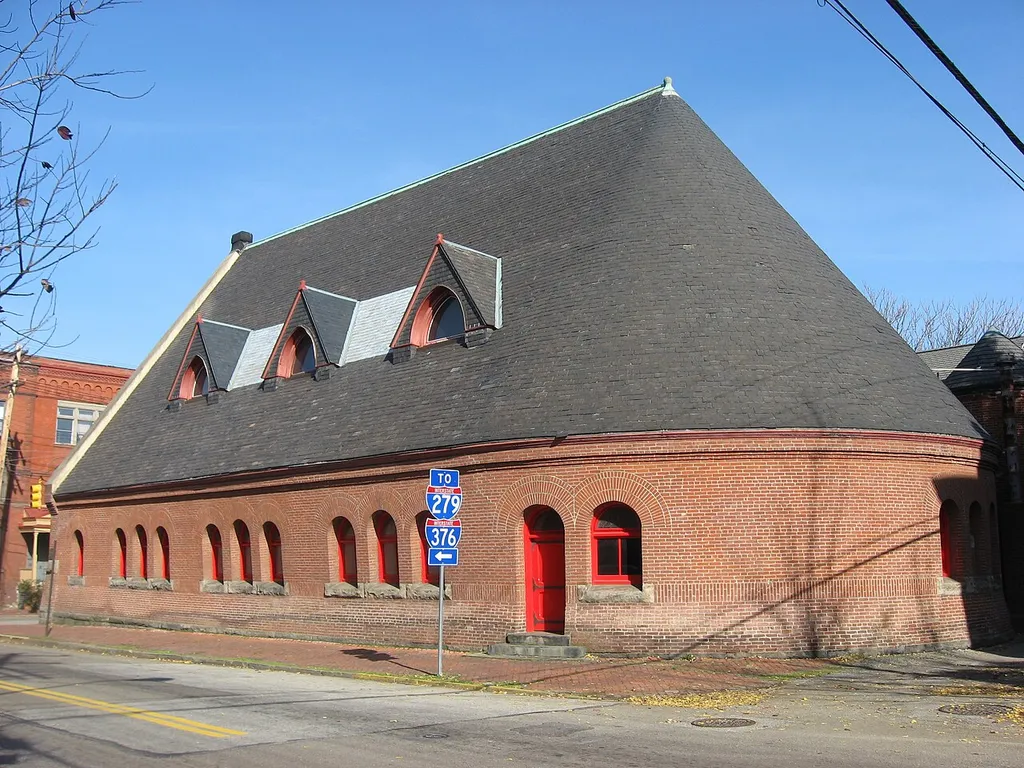 Rear and western side of Emmanuel Episcopal Church, located at the intersection of North and Allegheny Streets in Pittsburgh, Pennsylvania, United States. Built in 1885 according to a design created personally by Henry Hobson Richardson, the church has been declared a National Historic Landmark.