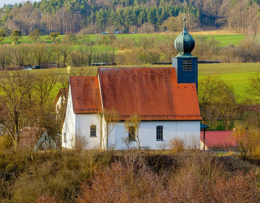 St Michael's Church in Rudendorf in the Haßberge district, aerial view