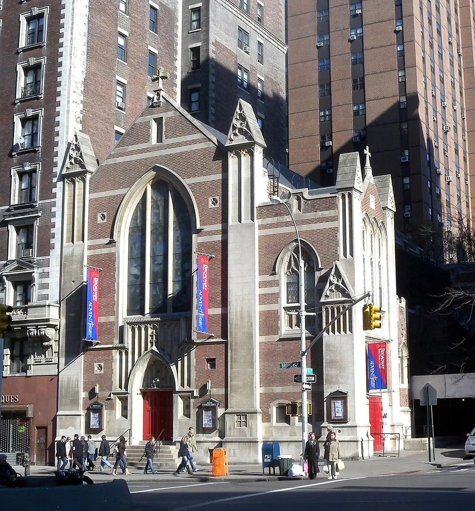 Looking east across Broadway and 93d St at Advent Lutheran Church on a sunny afternoon.
