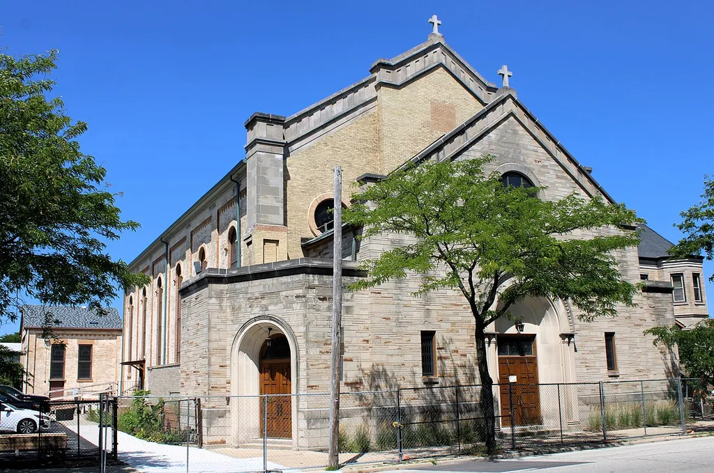 St. James Catholic Church in Rockford, Illinois. The church served as the pro-cathedral for the Diocese of Rockford from 1907 to 1960. It was damaged in a fire in 2021 that was caused by a lightning strike. Work is ongoing to repair it.