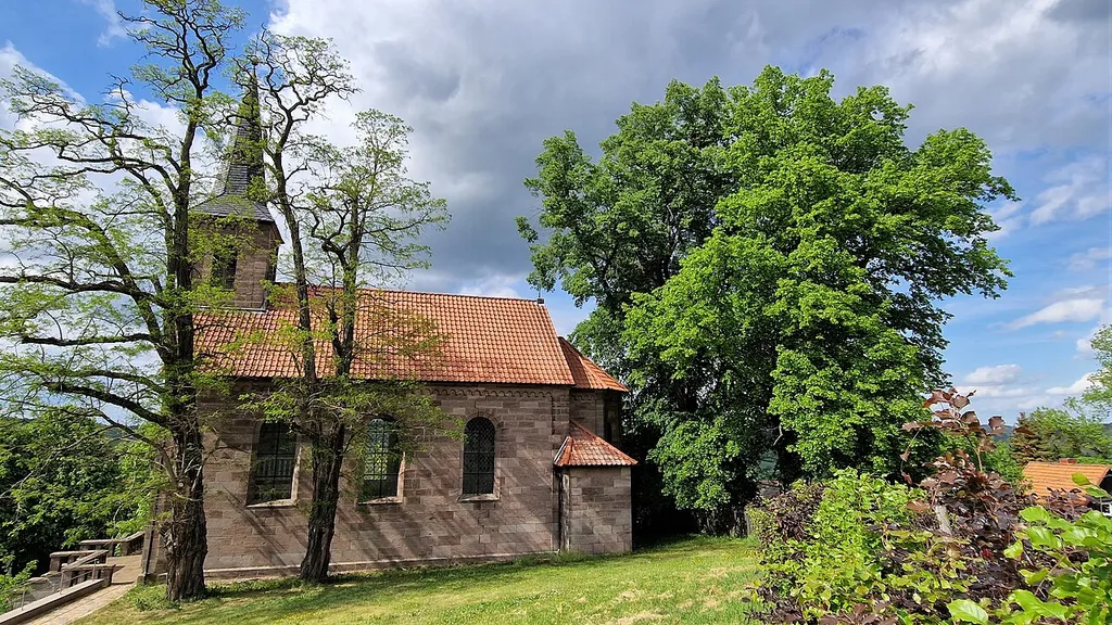 Two linden trees at the church in Bornhagen in the district of Eichsfeld, Thuringia. A large-leaf linden tree and a small-leaved linden tree stand behind the church.