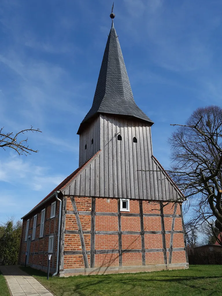 South-western view of church in Rehfeld, Kyritz municipality, Ostprignitz-Ruppin district, Brandenburg state, Germany