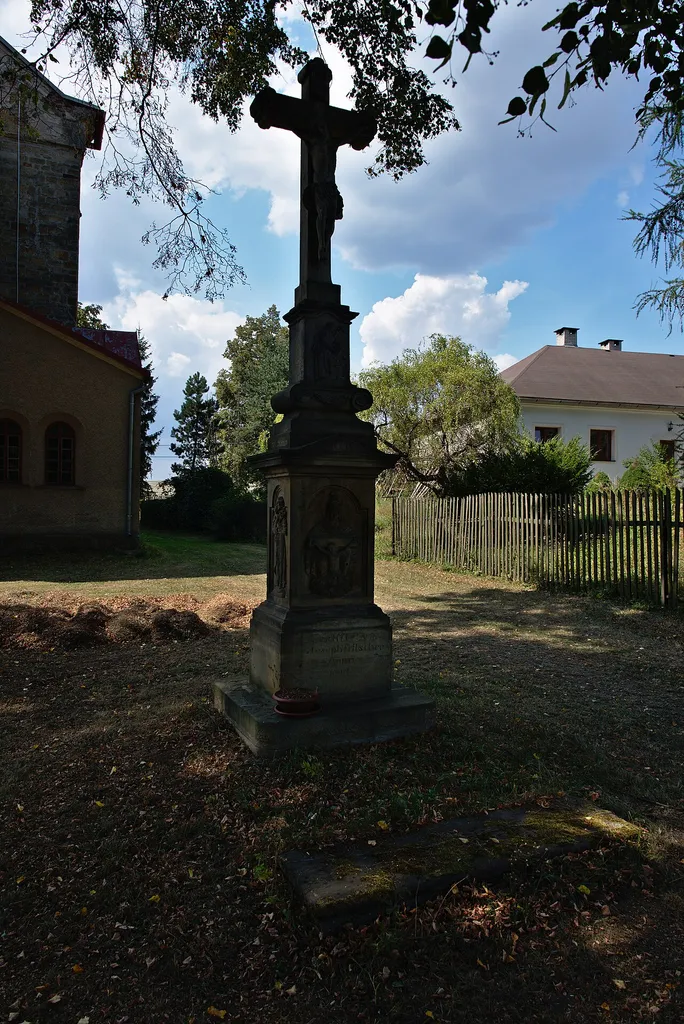 wayside cross in Studená Loučka by the church
