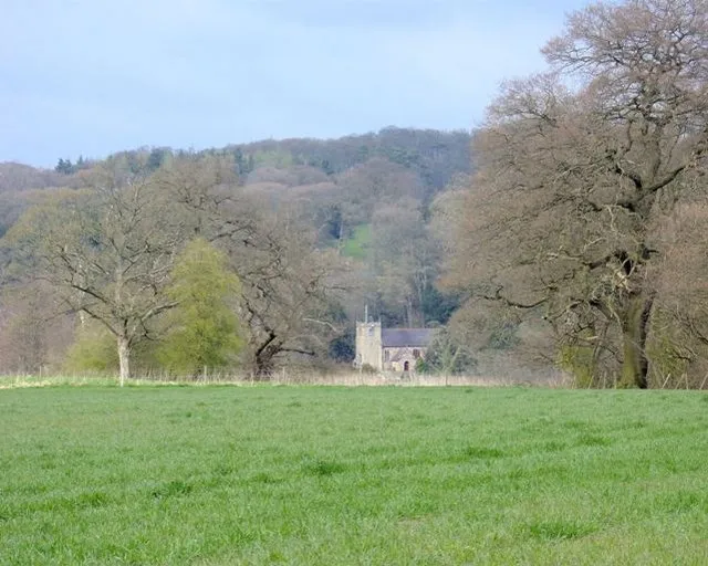 View north across fields at Maer, Staffordshire, to St Peter's parish church