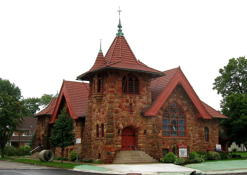Exterior of the First Presbyterian Church of Napoleon, Ohio, United States. Built at 303 W. Washington Street in 1901, the church is listed on the National Register of Historic Places.