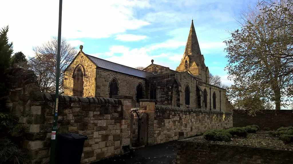 Parish church of St Nicholas, West Boldon. Much early 13th-century fabric, but the core of the building is believed to date from AD 920 and some Saxon features remain. The early 13th-century stone spire is a great rarity.