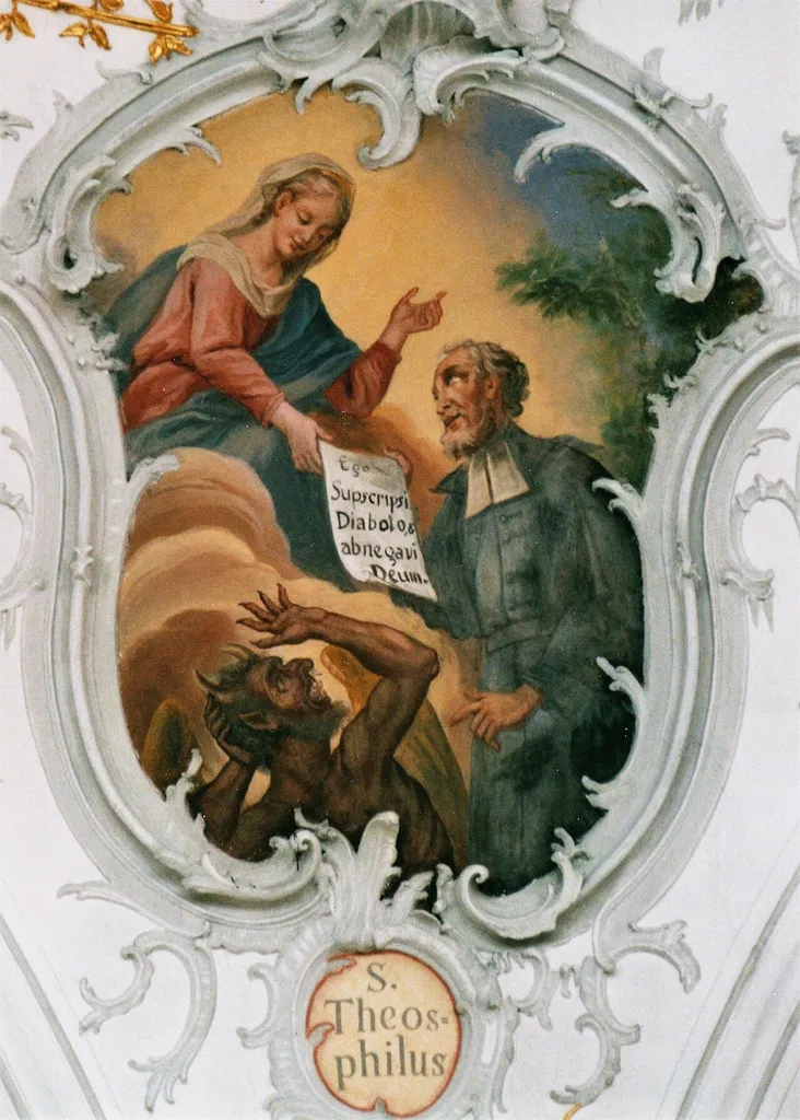 St. Vitus (Balzhausen), Fresko (1768): Heiliger Theophilus. Gemeint ist der hl. Theophil von Adana, der aus Karrieregründen seine Seele dem Teufel verschrieben hatte, später reuig zur Mutter Gottes betete und Erhörung fand: Schließlich träumte ihm einmal, die Heilige Jungfrau sei ihm erschienen und habe ihm das Schriftstück seines Teufelspakts wiederbeschafft. Als er erwachte, fand er das verhängnisvolle Dokument tatsächlich in seinen Händen und konnte es verbrennen. Siehe Heiligenlexikon.