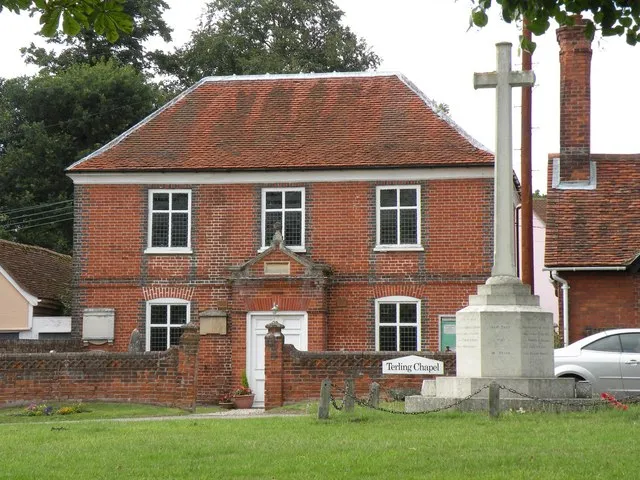 United Reformed Church and (right) parish war memorial in Terling, Essex, seen from the southeast. The church was built in 1753 as a Congregational chapel.