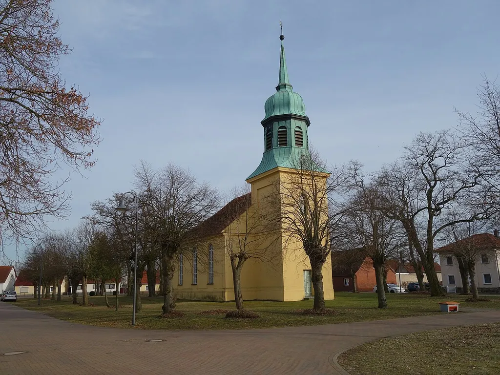 North-western view of village church in Mögelin, Premnitz municipality, Havelland district, Brandenburg state, Germany