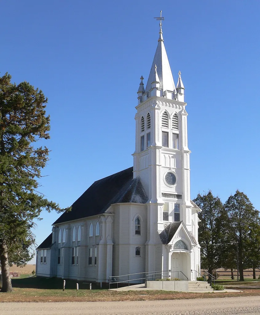 Deutsche Evangelische Lutherische St. Johannes Kirche, located south-southeast of Lyons, Nebraska; seen from the northwest.