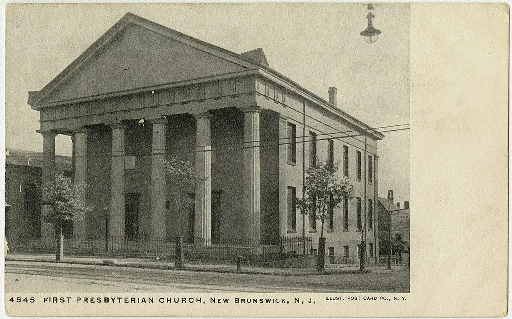 First Presbyterian Church in New Brunswick, New Jersey from a pre-1923 postcard From RG 428, Postcard Collection, Presbyterian Historical Society, Philadelphia, Pennsylvania.