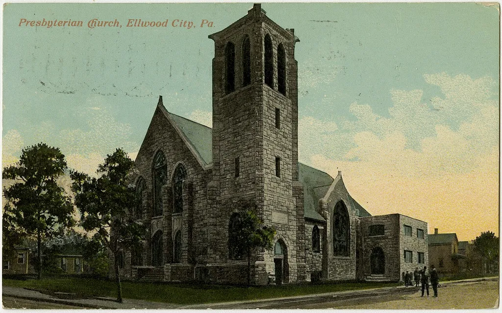 Presbyterian Church in Ellwood City, Pennsylvania from a pre-1923 postcard From RG 428, Postcard Collection, Presbyterian Historical Society, Philadelphia, Pennsylvania.