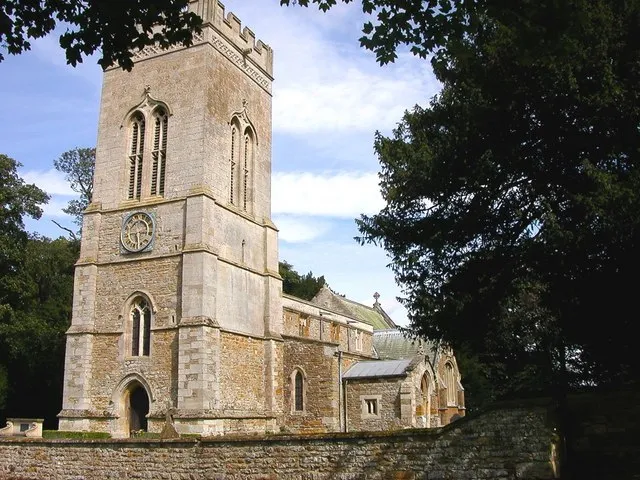 St Michael's parish church, Haselbech, Northamptonshire: view from the southwest, showing the Perpendicular Gothic west tower