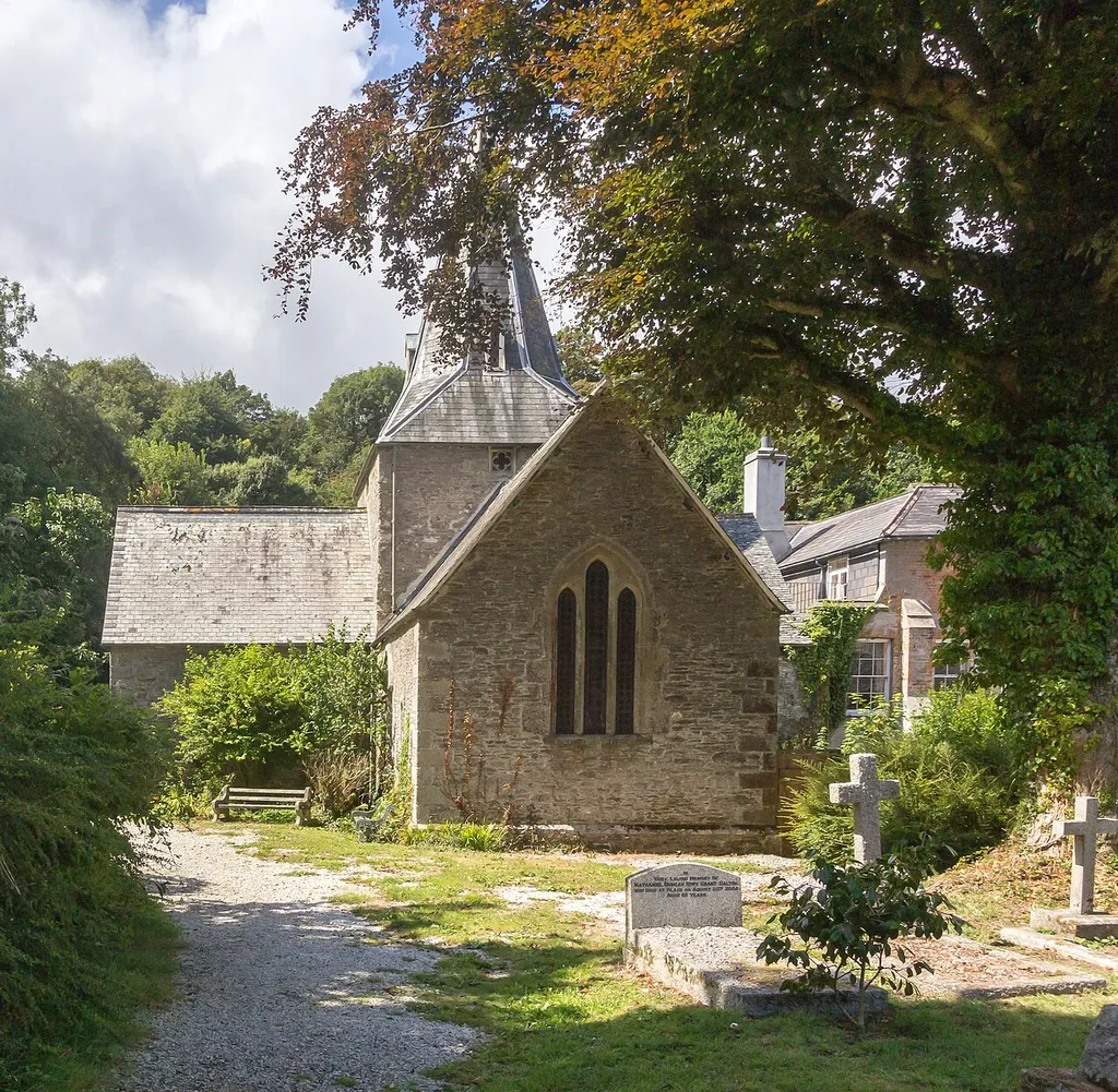 St Anthony's church, St Anthony in Roseland near Place House. Outside view with cemetery