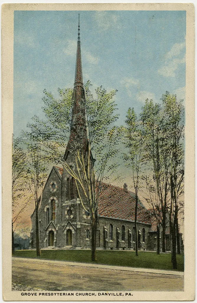 Grove Presbyterian Church in Danville, Pennsylvania from a pre-1923 postcard From RG 428, Postcard Collection, Presbyterian Historical Society, Philadelphia, Pennsylvania