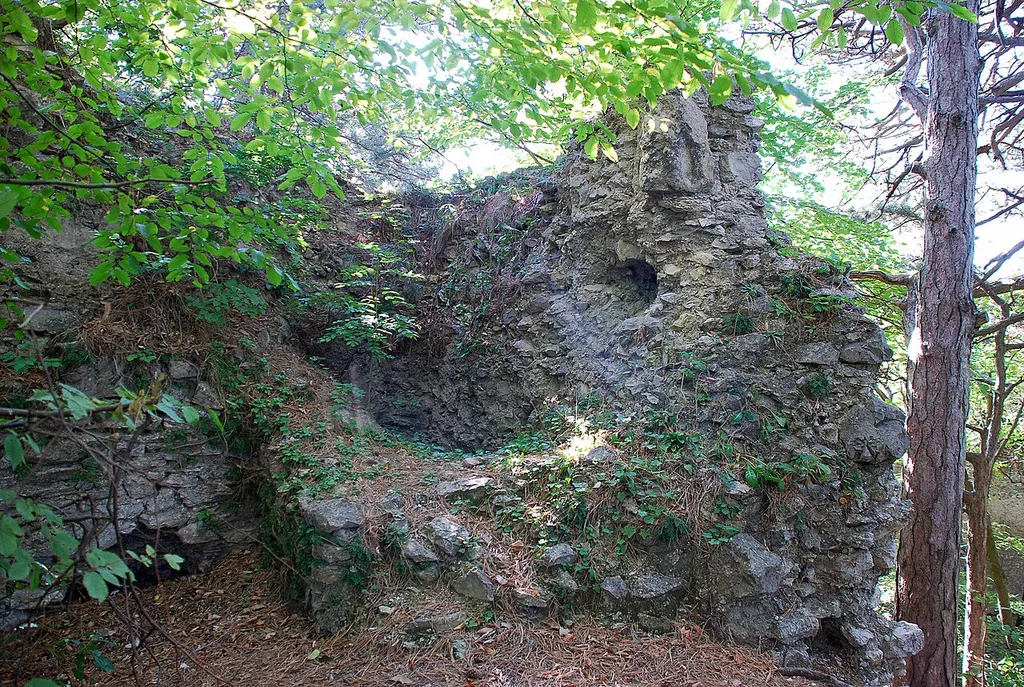 Ruine der Burg Kammerstein in Perchtoldsdorf, Niederösterreich (erbaut 1240-1250, zerstört 1290): Mauern des Bergfrieds mit Zerstörungen und einzigem bekannten Behaustein (mitte oben rechts)
