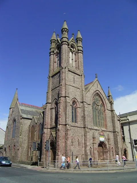 Lowther Street Methodist Church, Whitehaven, Cumbria, seen from the west.The church is built of pink sandstone, faced with Eskdale granite.