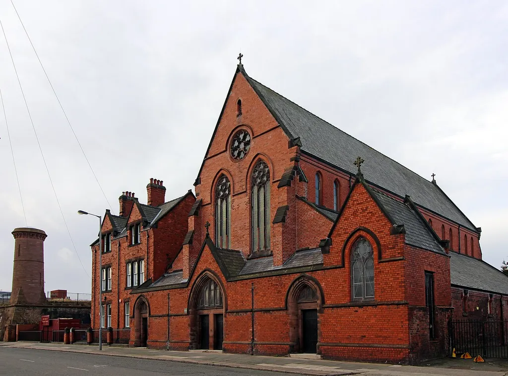 View to the south across the font, including the GII listed presbytery and tower of Toxteth Reservoir