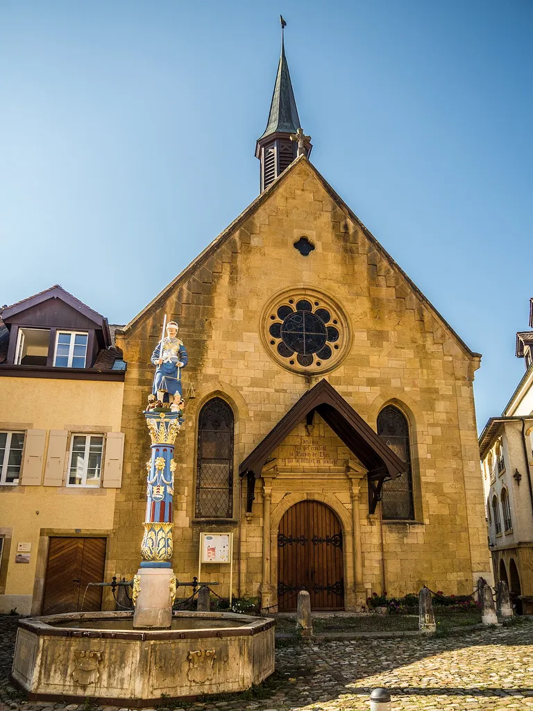 Reformed Church and Fountain of Justice, Boudry, Canton of Neuchâtel, Switzerland