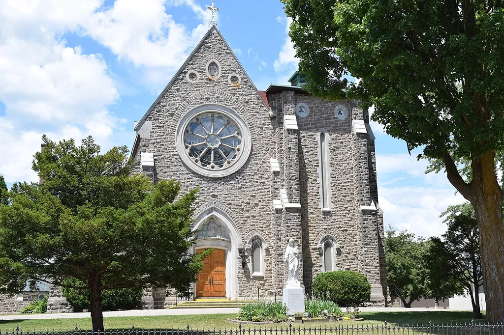 Front facing of St. Mark the Evangelist Church, at 160 Dibble Street West, in Prescott, Ontario