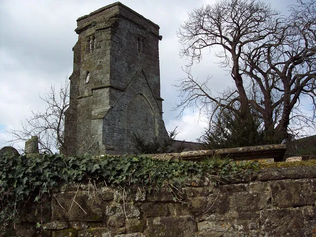 Remains of St Mary's Church at East Compton The tower is all that remains of this 14th century church.
