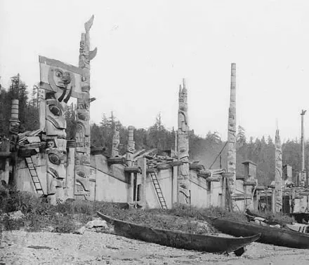 Skidegate Indian Village of the Haida tribe. Skidegate Inlet, British Columbia, Canada.