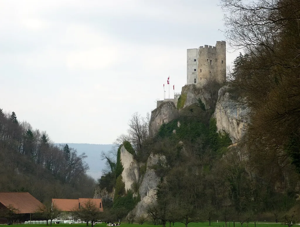 Neu-Thierstein castle, Canton of Solothurn, Switzerland, seen from the Erschwil side. The Passwang road is also visible below.