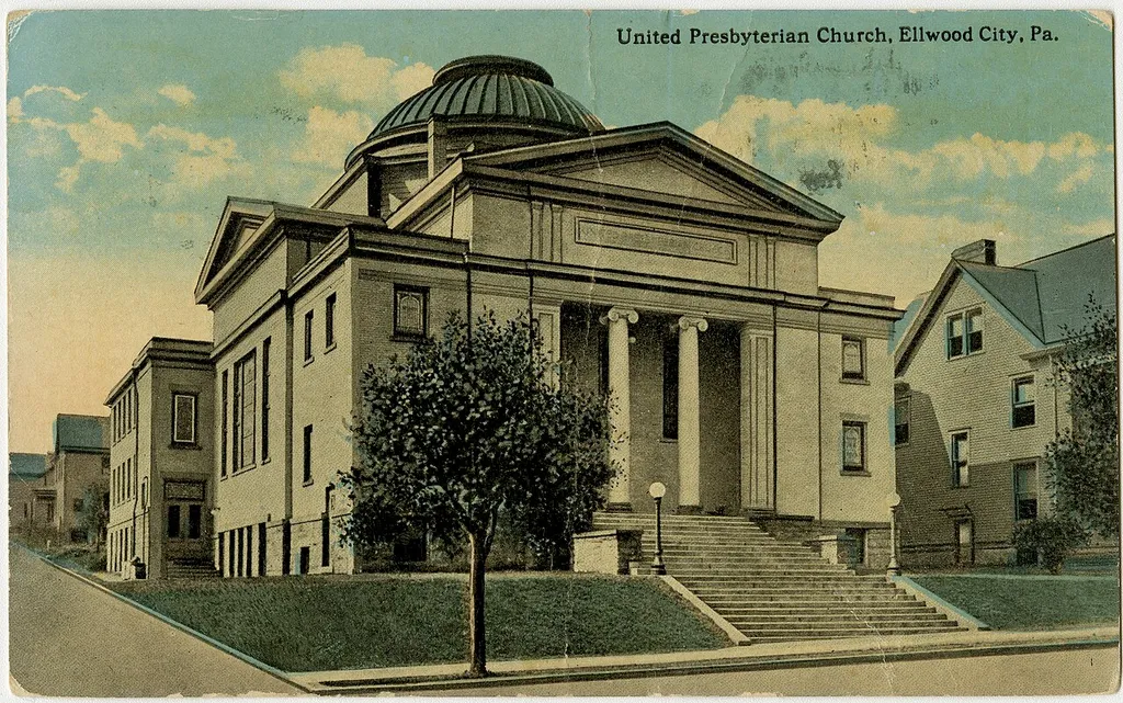 United Presbyterian Church in Ellwood City, Pennsylvania from a pre-1923 postcard From RG 428, Postcard Collection, Presbyterian Historical Society, Philadelphia, Pennsylvania.