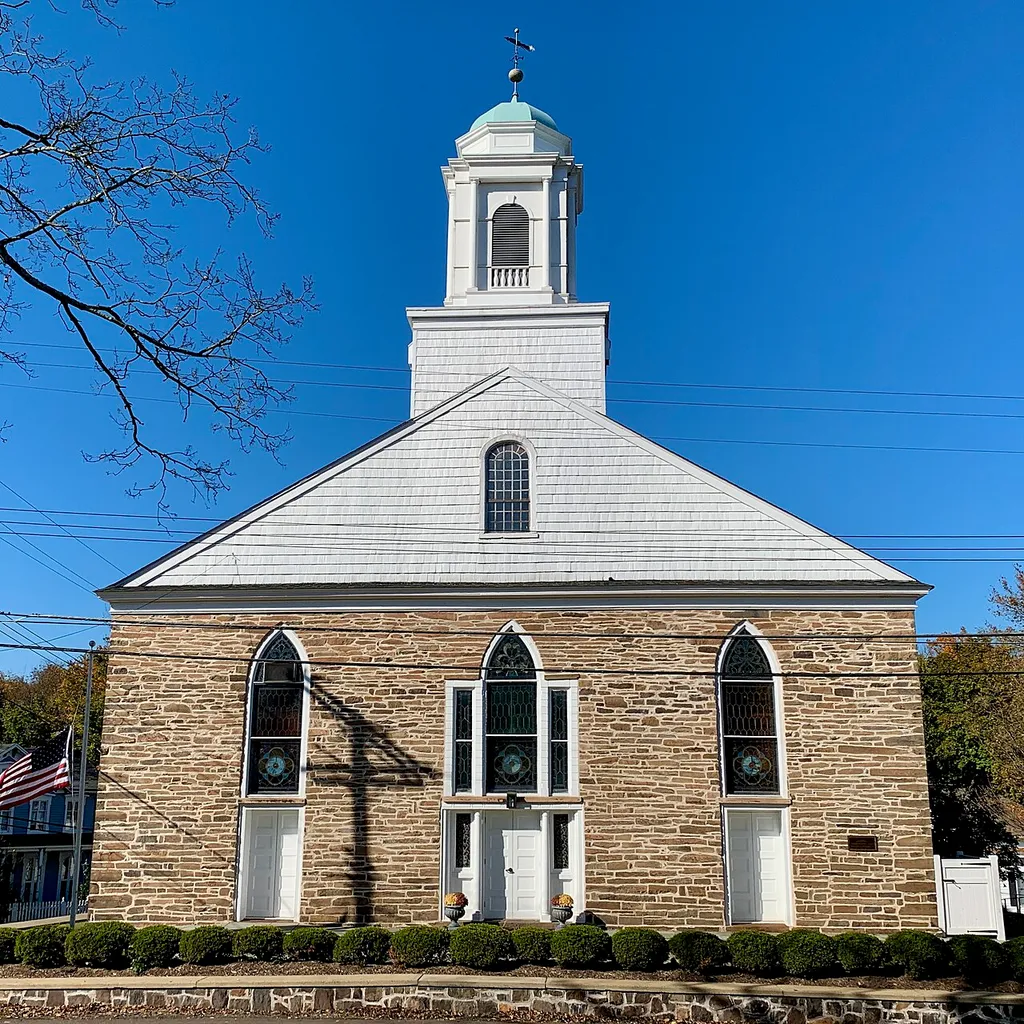 Front view of the Neshanic Reformed Church in Neshanic, New Jersey.